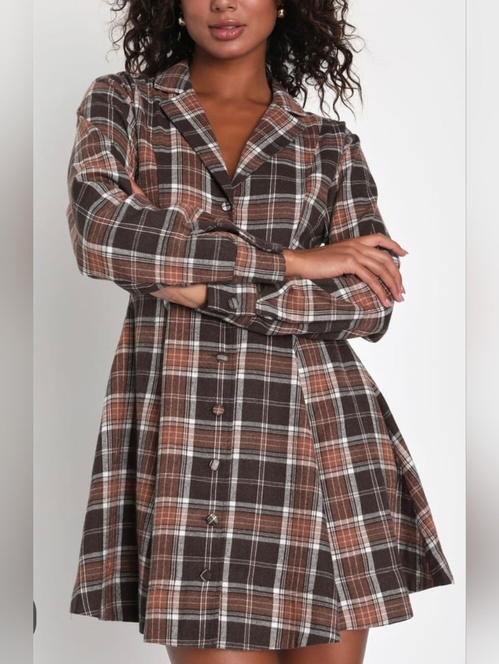Lulus Autumnal Attitude Brown Plaid Skater Mini Dress M